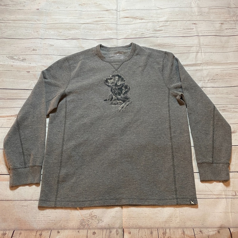 Eddie Bauer Pullover Sweater Crew Neck Thermal Gray Lab Dog‎ Solid Men's Size L